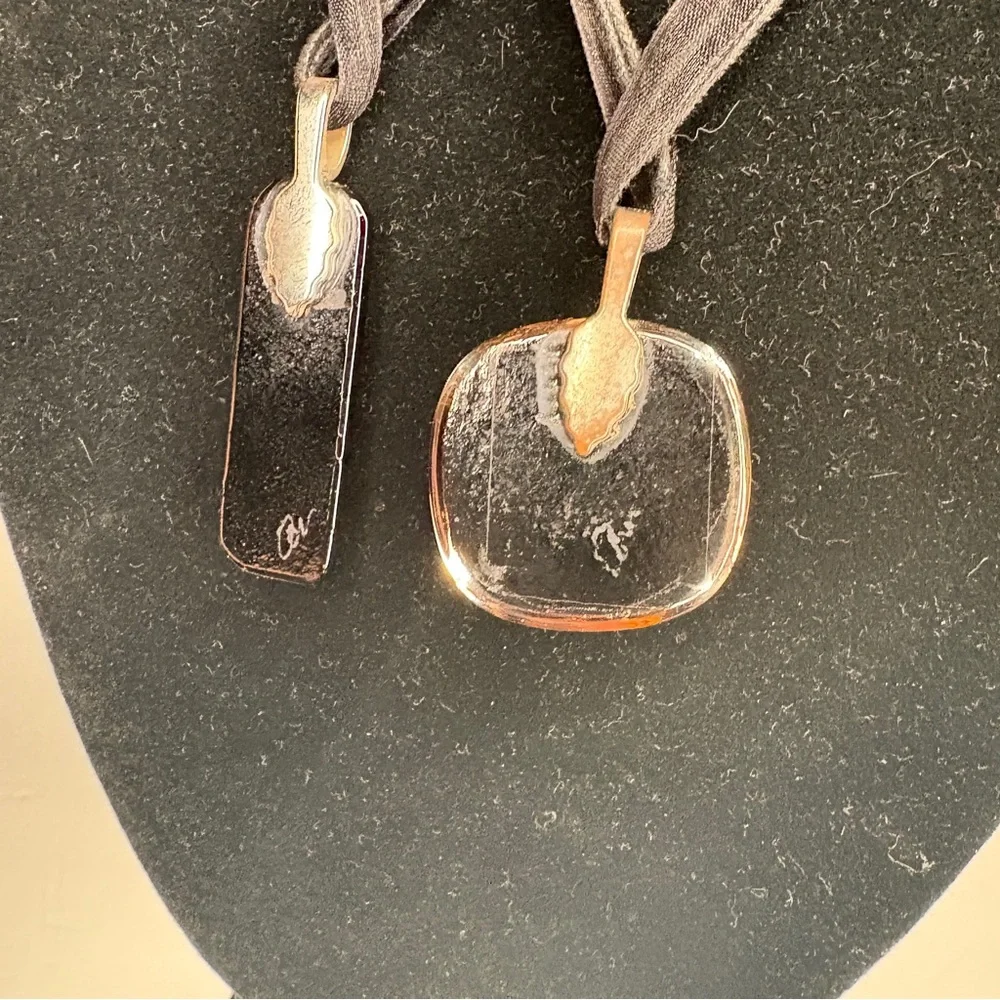 Two Handmade Artist Signed Dichroic Glass Pendant Necklaces on Black Ribbon